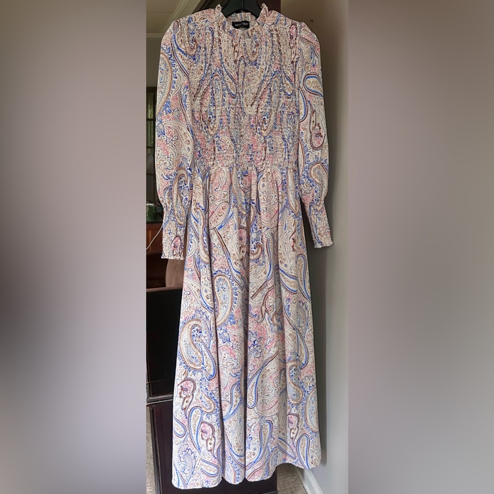 MISSORD Paisley Smocked Mock Neck Maxi Dress Victorian Romantic Poet Modest Sz S - Picture 3 of 13